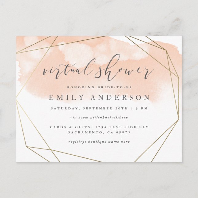 Chic Blush Pink Watercolor Gold Virtual Shower Invitation Postcard (Front)