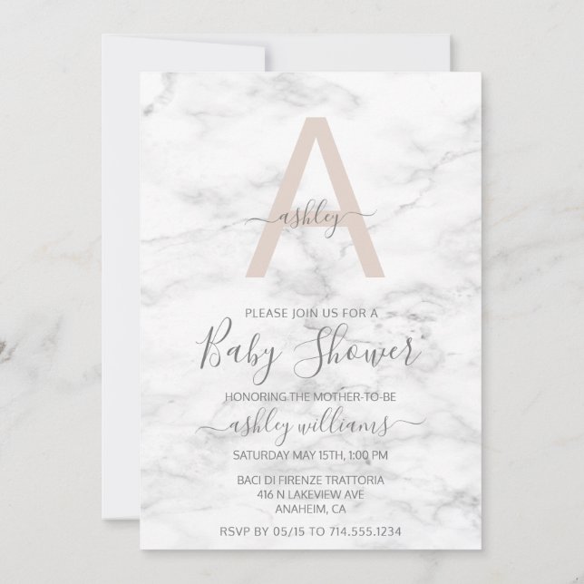 Chic Blush Pink White Marble Monogram Baby Shower Invitation (Back)