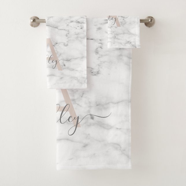 Chic Blush Pink White Marble Script Name Monogram Bath Towel Set (Insitu)