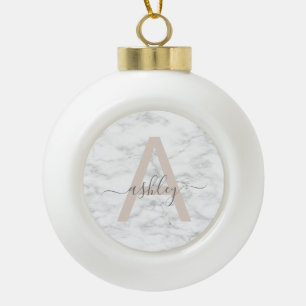 Chic Blush Pink White Marble Script Name Monogram Ceramic Ball Christmas Ornament