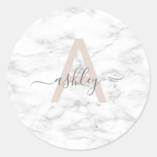 Chic Blush Pink White Marble Script Name Monogram Classic Round Sticker