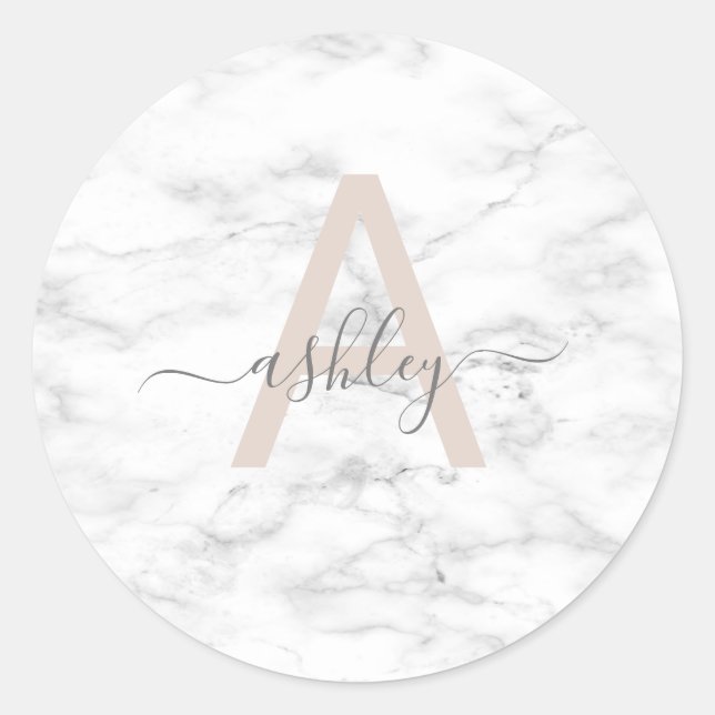 Chic Blush Pink White Marble Script Name Monogram Classic Round Sticker (Front)