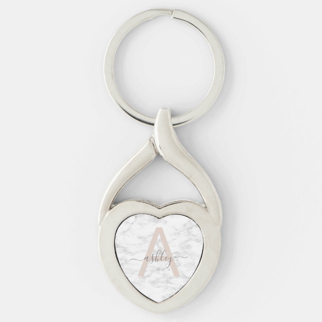Chic Blush Pink White Marble Script Name Monogram Key Ring (Front)