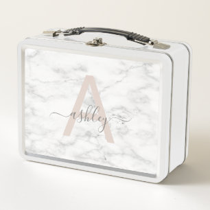 Chic Blush Pink White Marble Script Name Monogram Metal Lunch Box