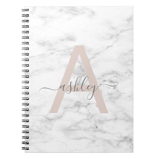 Chic Blush Pink White Marble Script Name Monogram Notebook (Front)