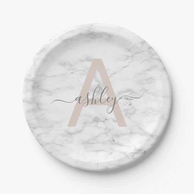 Chic Blush Pink White Marble Script Name Monogram Paper Plate (Front)