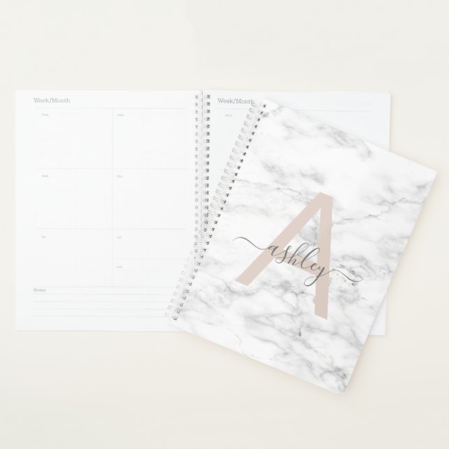 Chic Blush Pink White Marble Script Name Monogram Planner (Display)