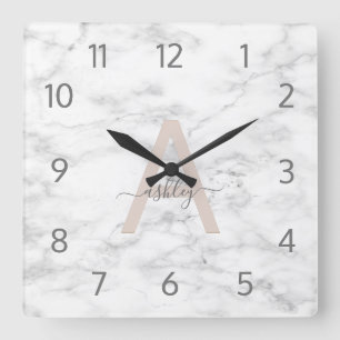 Chic Blush Pink White Marble Script Name Monogram Square Wall Clock