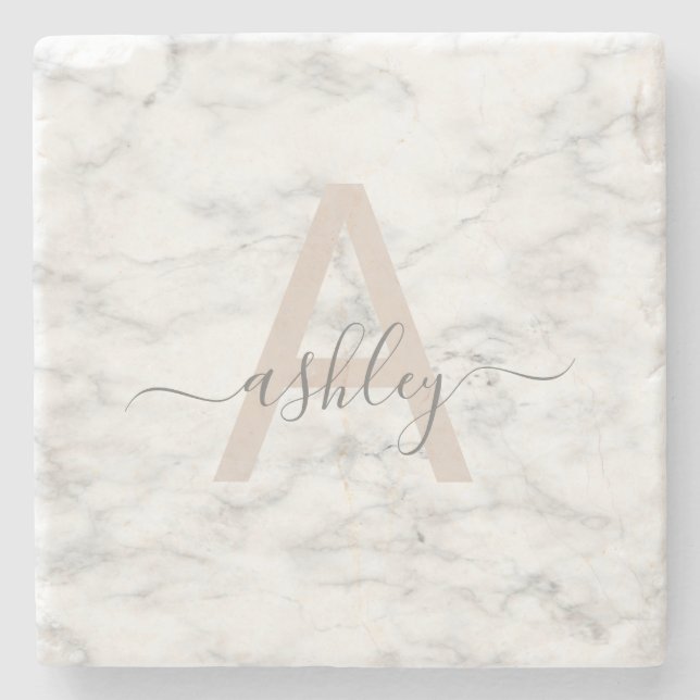 Chic Blush Pink White Marble Script Name Monogram Stone Coaster (Front)
