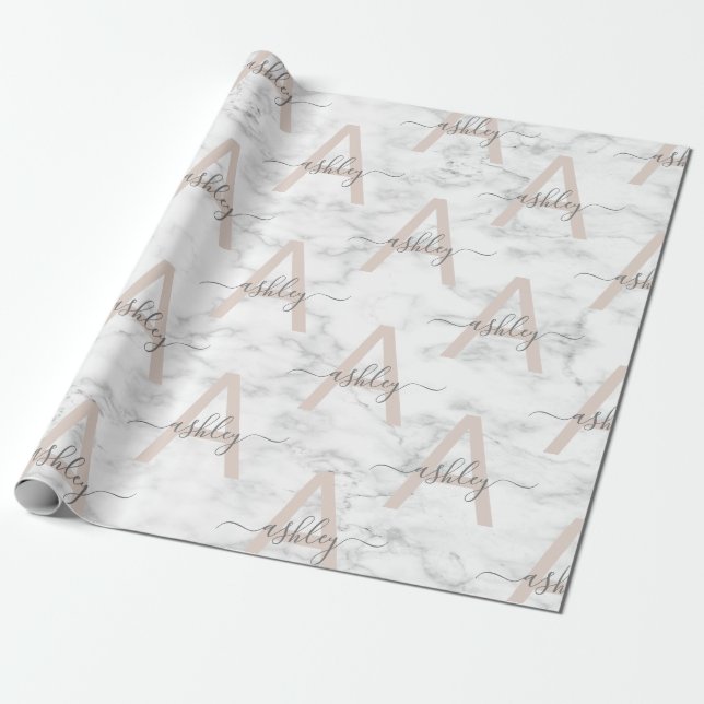 Chic Blush Pink White Marble Script Name Monogram Wrapping Paper (Unrolled)