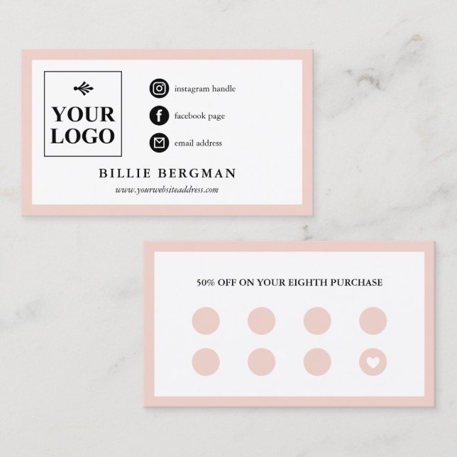 Chic Blush Pink White Social Media & Loyalty Business Card (Front/Back)
