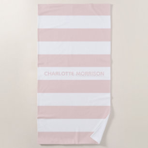 Chic blush pink white stripes custom name monogram beach towel