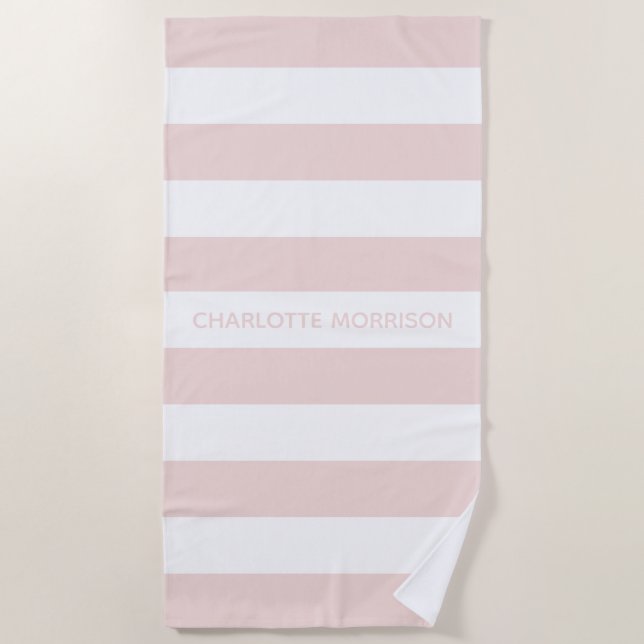 Chic blush pink white stripes custom name monogram beach towel (Front)