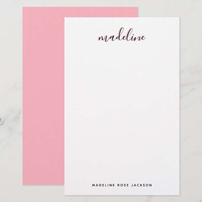 Chic Blush Pink with black Calligraphy name Stationery (Front/Back)