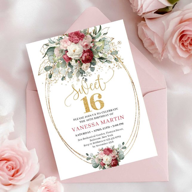 Chic Blush Red Greenery Sweet Sixteen Birthday   Invitation (Chic Blush Red Greenery Sweet Sixteen Birthday Invite)