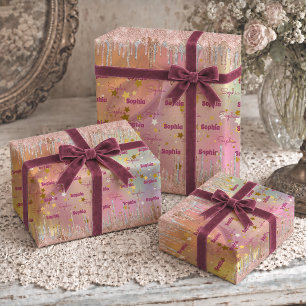 Chic Blush Rose Dripping Glitter Unicorn Wrapping Paper Sheet