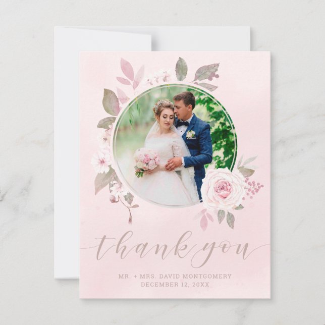 Chic Blush Rose Floral Wedding Photo Thank You (Front)