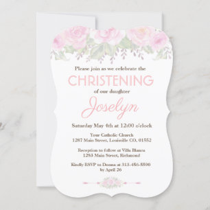 Chic Blush Rose Garden Floral Baptism Invite