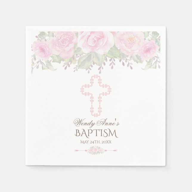 Chic Blush Rose Garden Floral Girl Christening Napkin (Front)