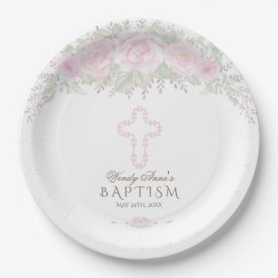 Chic Blush Rose Garden Floral Girl Christening Paper Plate
