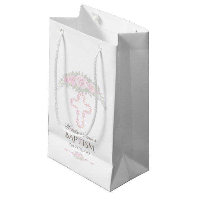 Chic Blush Rose Garden Floral Girl Christening Small Gift Bag (Front Angled)