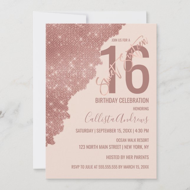 Chic Blush Rose Gold Glitter Colour Block Sweet 16 Invitation (Front)