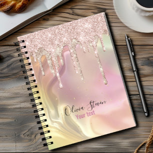 Chic blush rose unicorn dripping glitter monogram notebook