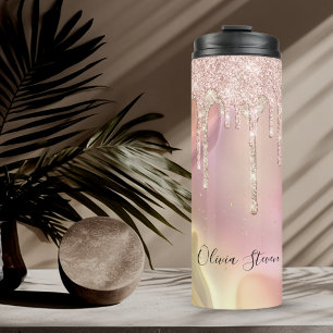 Chic blush rose unicorn dripping glitter monogram thermal tumbler