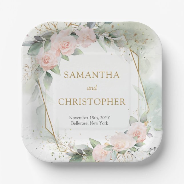 Chic blush roses gold frame eucalyptus wedding paper plate (Front)