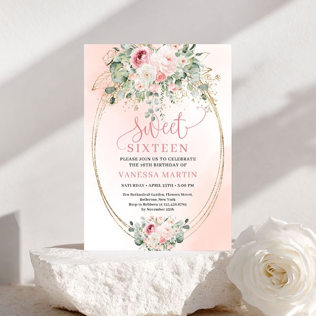 Chic Blush Roses Greenery Sweet Sixteen Invite (Chic Blush Roses Greenery Sweet Sixteen Invite)