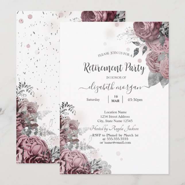Chic Blush Roses Retirement   Invitation (Front/Back)