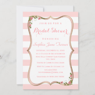Chic Blush Stripes Gold Floral Bridal Shower Invitation