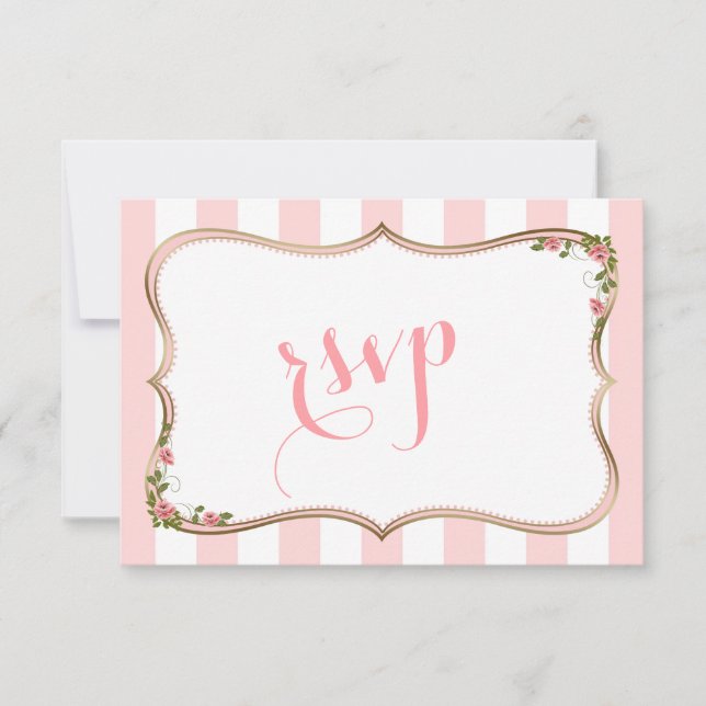 Chic Blush Stripes Gold Floral WeddingRSVP RSVP Card (Front)
