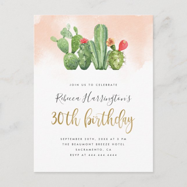 Chic Blush Watercolor & Cactus 30th Birthday Invitation Postcard (Front)