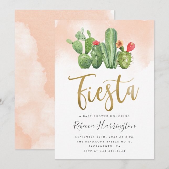 Chic Blush Watercolor & Cactus Fiesta Baby Shower Invitation (Front/Back)