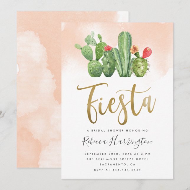 Chic Blush Watercolor Cactus Fiesta Bridal Shower Invitation (Front/Back)