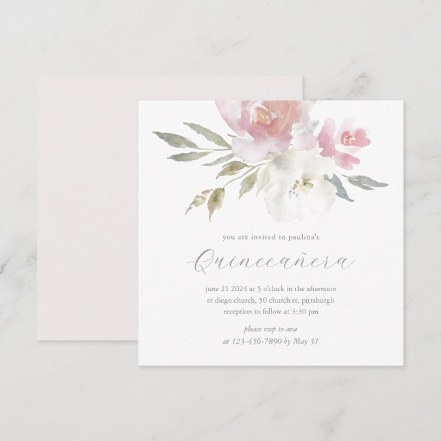 Chic Blush Watercolor Floral Quinceanera Photo Invitation (Front/Back)