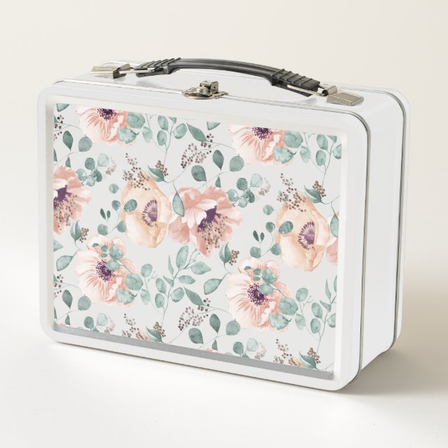 Chic Blush Watercolor Flowers Metal Lunch Box (Front)
