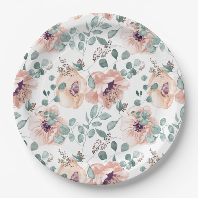 Chic Blush Watercolor Flowers Paper Plates (Front)