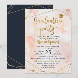 Chic Blush Watercolor Gold Geometric Graduation Invitation