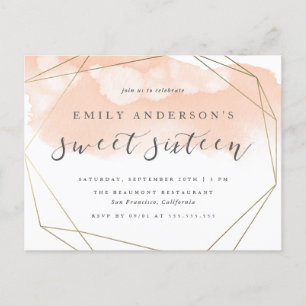 Chic Blush Watercolor Gold Geometric Sweet 16 Invitation Postcard
