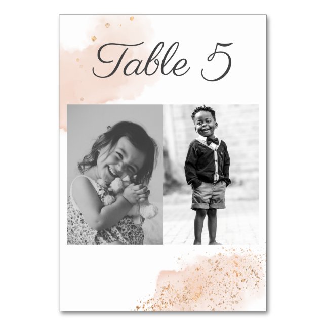 Chic Blush Watercolor Gold Splatters Wedding Photo Table Number (Front)