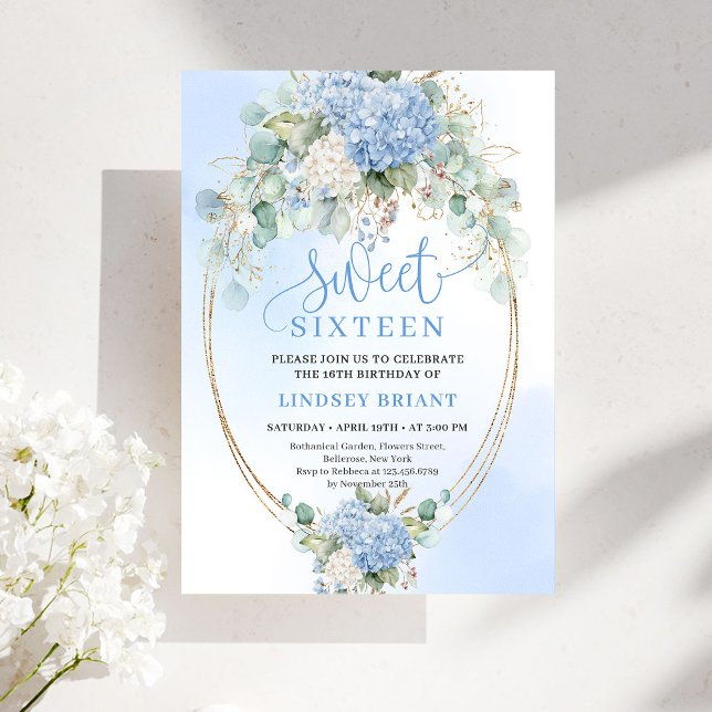 Chic Bohemian Blue Floral Gold Sweet 16 Invite (Chic Bohemian Blue Floral Gold Sweet 16 Invite)