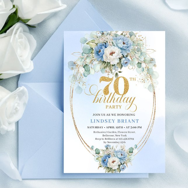 Chic Bohemian Blue Flowers and Gold 70th Birthday Invitation (Chic Bohemian Blue Flowers and Gold 70th Birthday)
