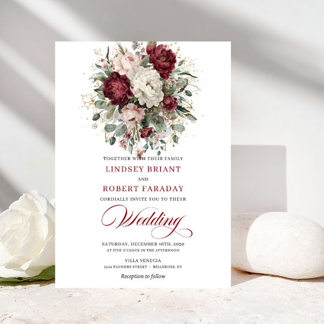 Chic Bohemian Burgundy White Floral Greenery Weddi Invitation (Chic Bohemian Burgundy White Floral Greenery Wedding Invite)