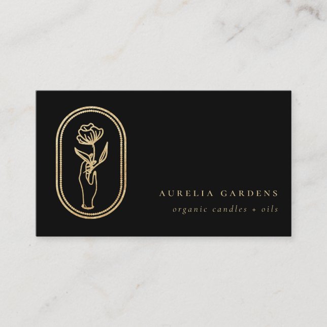 Chic Bohemian Golden Floral Logo Business Card (Front)