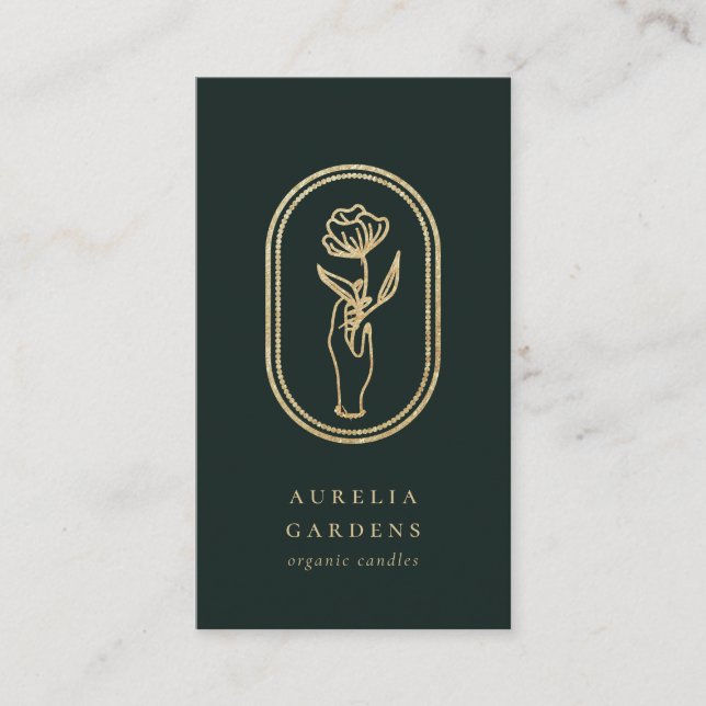 Chic Bohemian Golden Floral Logo Business Card (Front)