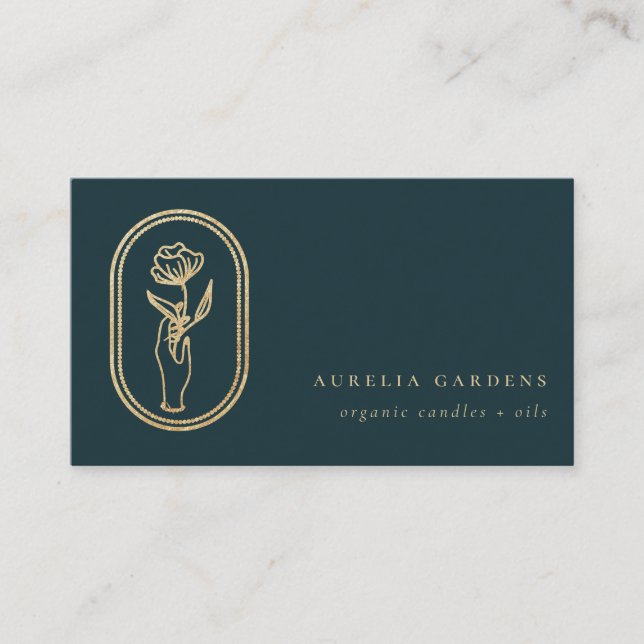 Chic Bohemian Golden Floral Logo Business Card (Front)