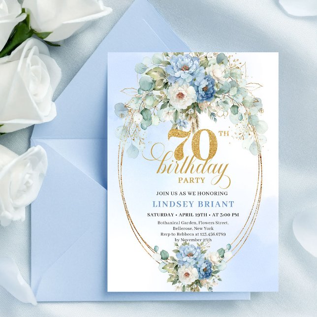 Chic Bohemian Pastel Blue Peonies 70th Birthday  Invitation (Chic Bohemian Pastel Blue Peonies 70th Birthday Invite

)