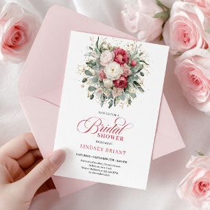 Chic Bohemian Red White Gold Roses Bridal Shower Invitation
